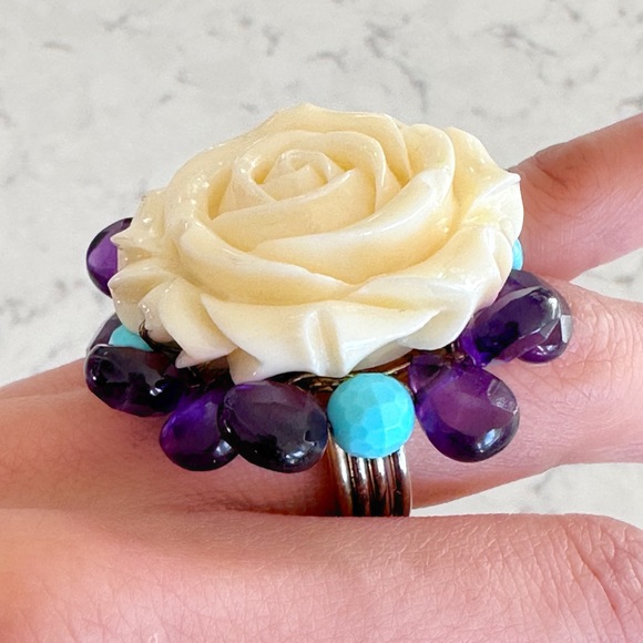Sterling Silver 925 Resin Ring With Amethyst And Turquoise Real Quartz - Picture 6 of 7
